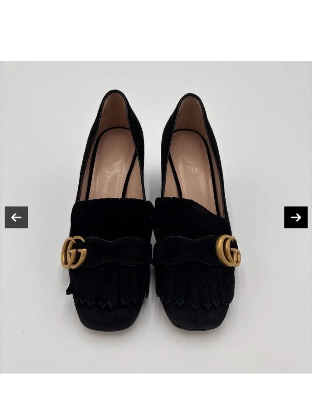 Gucci Black Suede Marmont Fringe Block Heel Loafers with Gold GG in Sz 38 1/2 - Picture 2 of 16